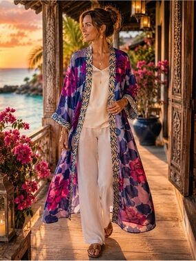 Soft Surroundings Floral Long Kimono Robe in Purple and Pink